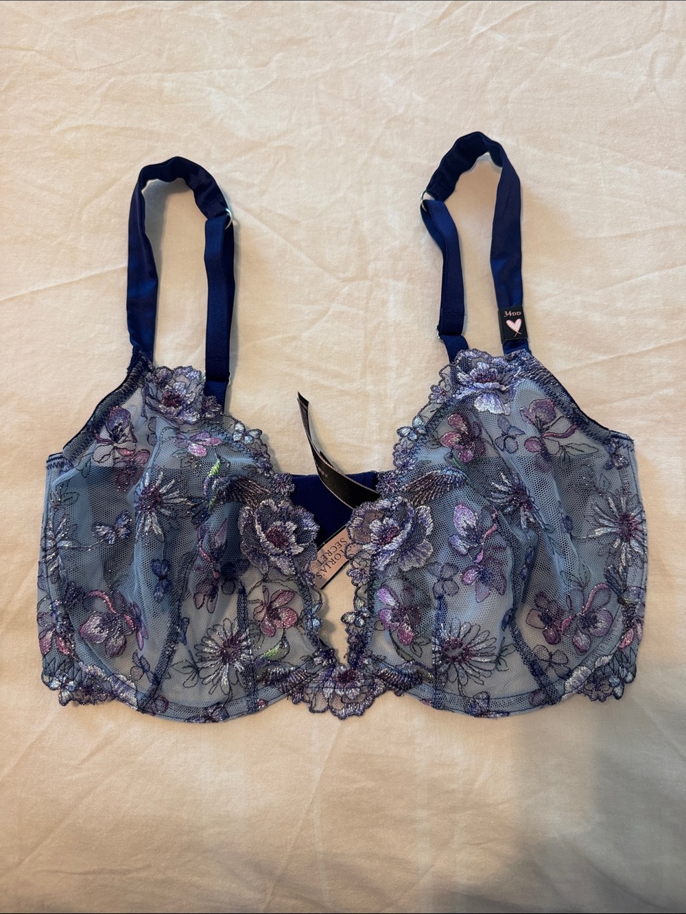 Victoria's Secret Embroidered Floral Underwire Bra - Navy Blue & Lavender
